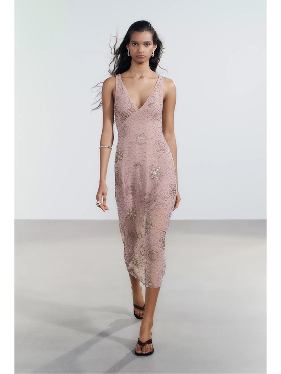 Zara Dresses & Skirts - ZARA Beaded Mesh Midi Dress in Mauve Size M EUC